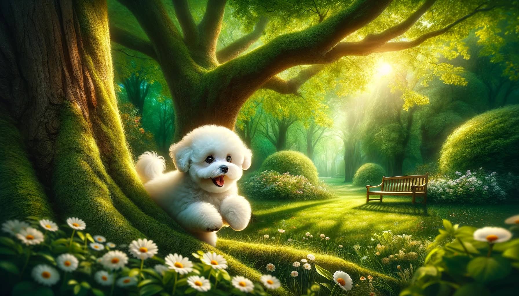 Bichon Frise puppy plays gleefully amidst towering trees and blooming flowers