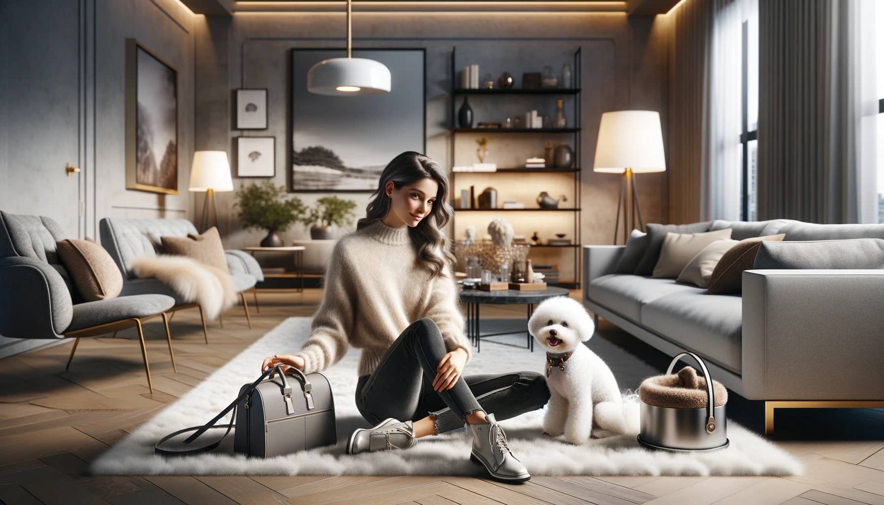 modern living room where a stylish young woman interacts affectionately with her fluffy white Bichon Frise dog